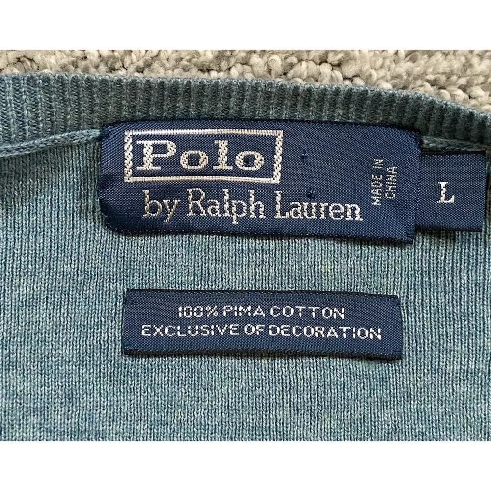 Polo Ralph Lauren Sweater‎ Mens Large V Neck Pima Cotton Knit Teal Classic